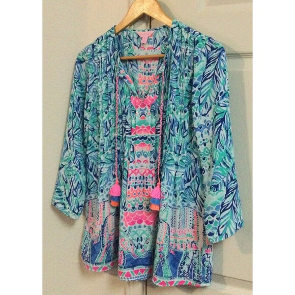 Lilly Pulitzer Hot Pink Blue Boho Top With Tassels XS - Picture 3 of 7
